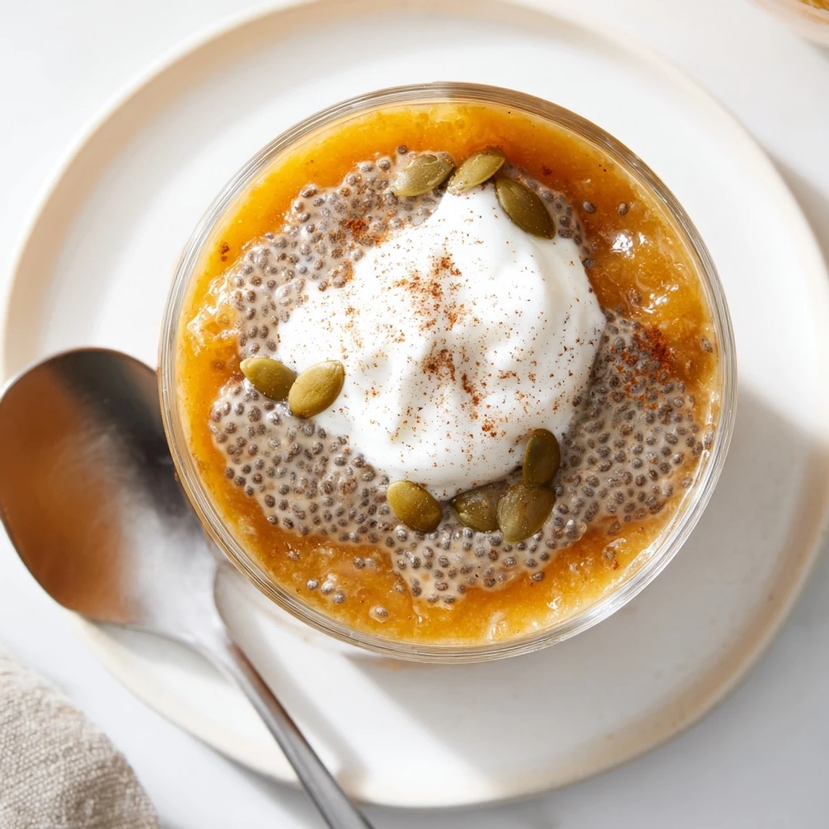 Spoon-ready Cool Creamy Pumpkin Chia Refreshment Fall Delight topped with whipped cream
