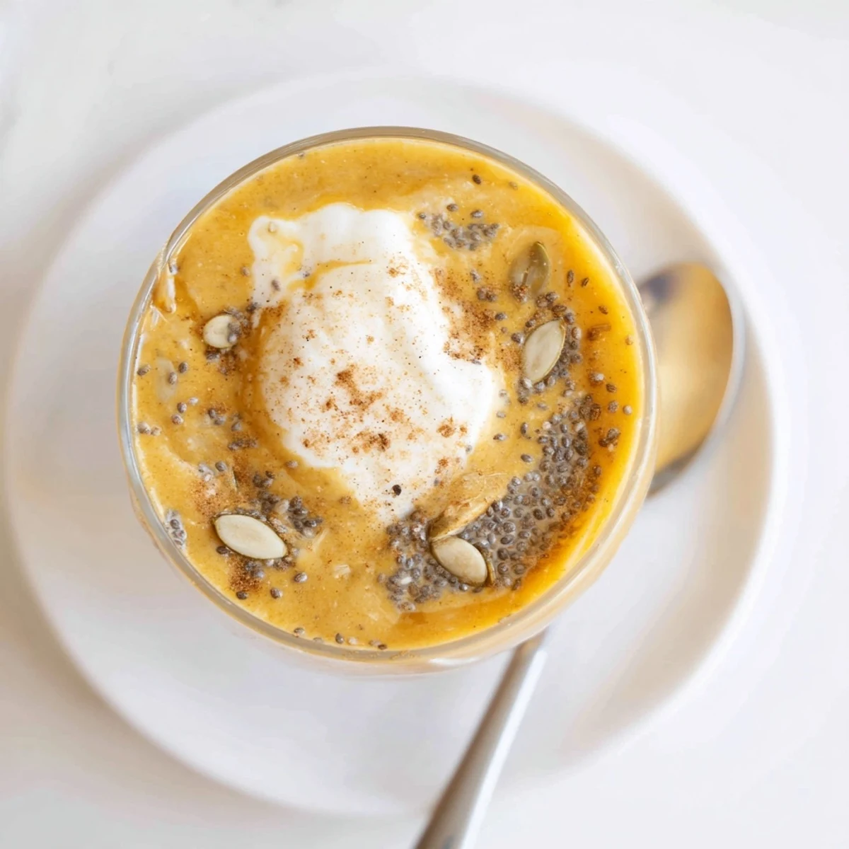 Chilled jar of Cool Creamy Pumpkin Chia Refreshment Fall Delight, cinnamon-dusted