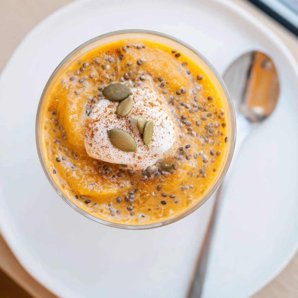 Glassy serving of Cool Creamy Pumpkin Chia Refreshment Fall Delight with toasted seeds
