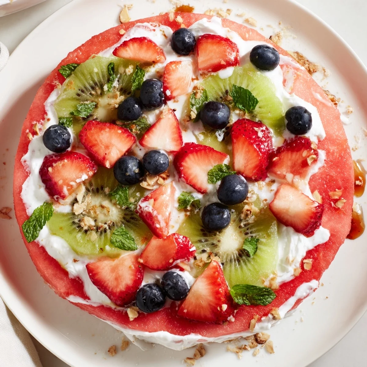 Watermelon pizza topped with creamy yogurt, vibrant berries and mint garnish