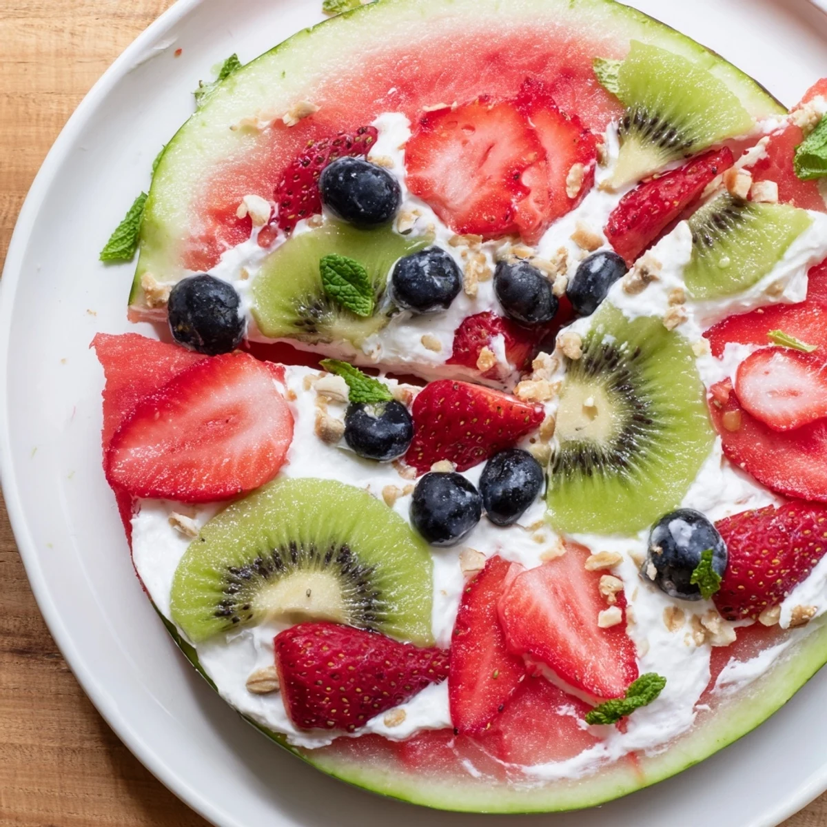 Sliced watermelon pizza served on wooden board, juicy, cooling summer dessert