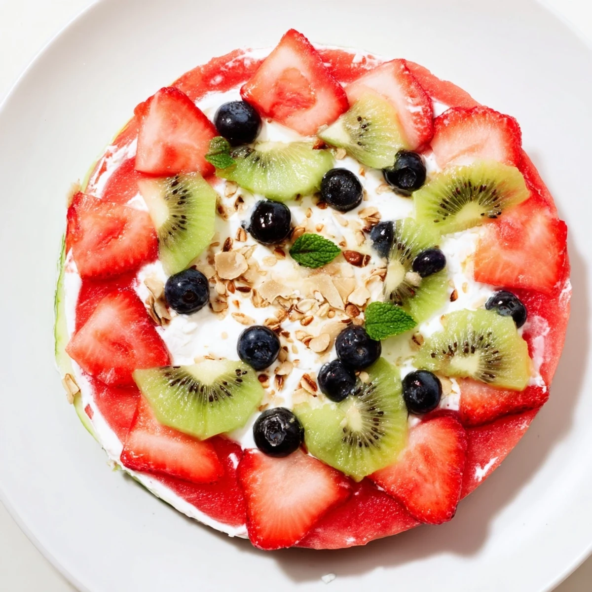 Bright watermelon pizza layered with honeyed yogurt, kiwi, granola for crunch