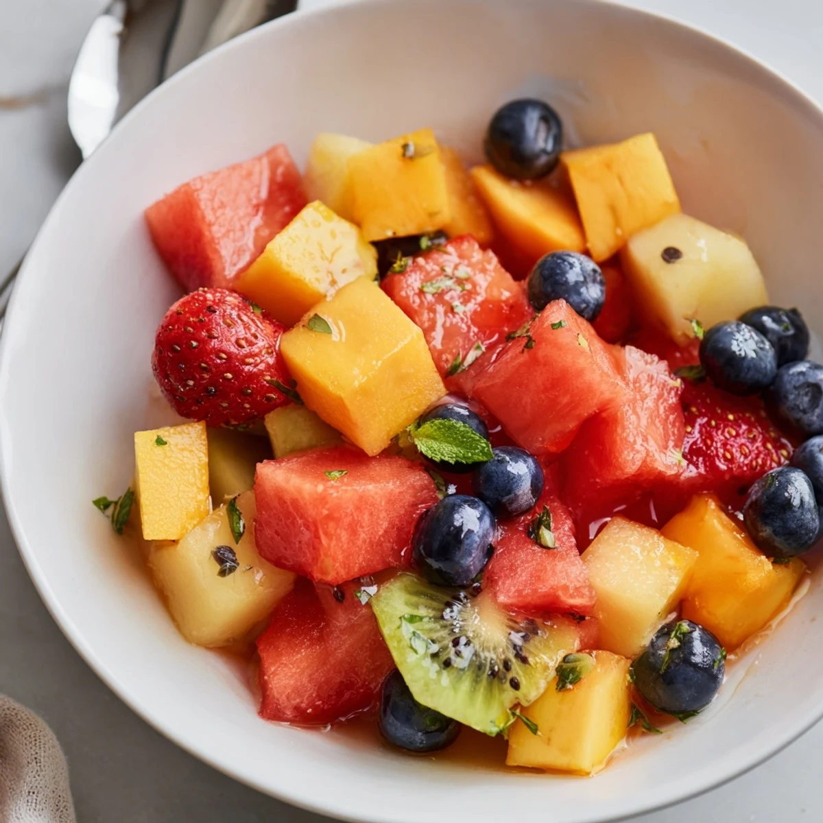 Bowl of Juicy Summer Delights shimmering with honeyed lime, mint flecks