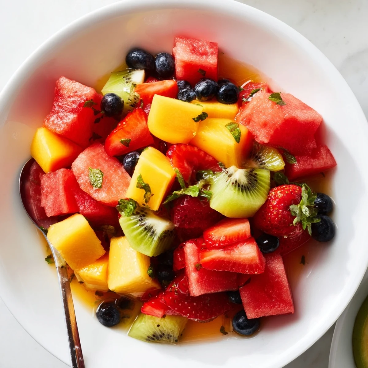 Juicy Summer Delights: colorful fruit medley drizzled with citrus-mint syrup, chilled