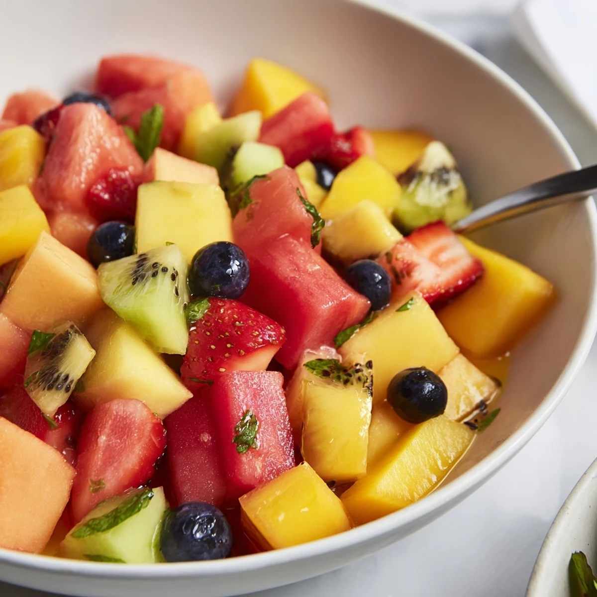 A spoonful of Juicy Summer Delights, vibrant fruit, citrus-mint glaze