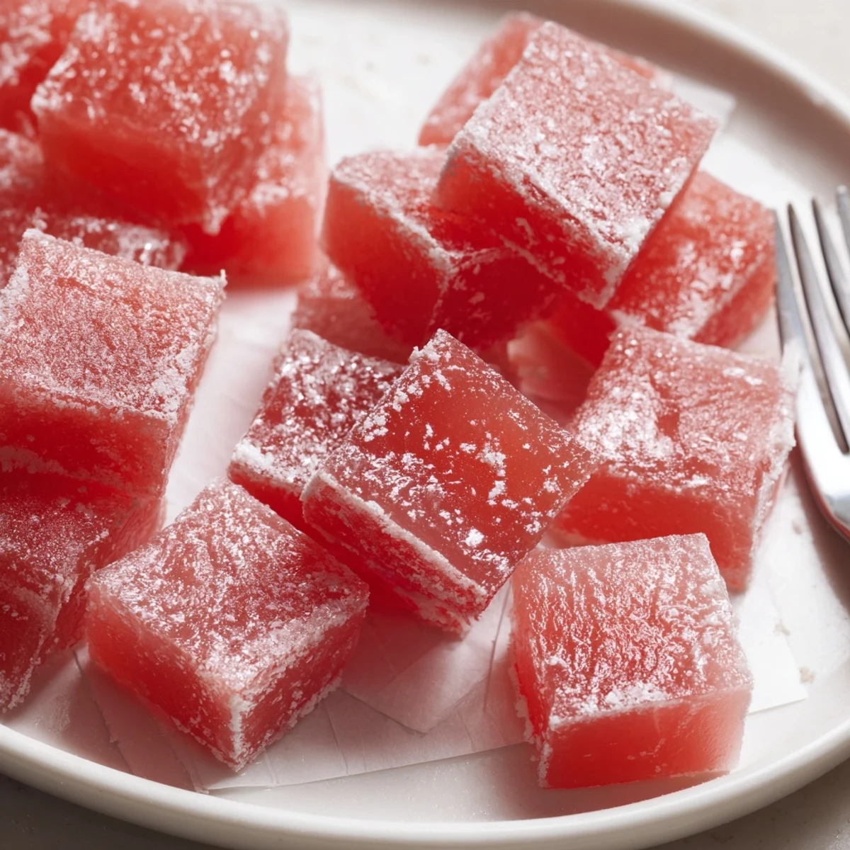 Sour Watermelon Fruit Chews piled on plate, glossy red, sugared tang  