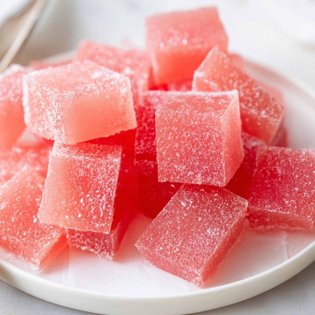 Homemade Sour Watermelon Fruit Chews cut into squares, coated in sour sugar  