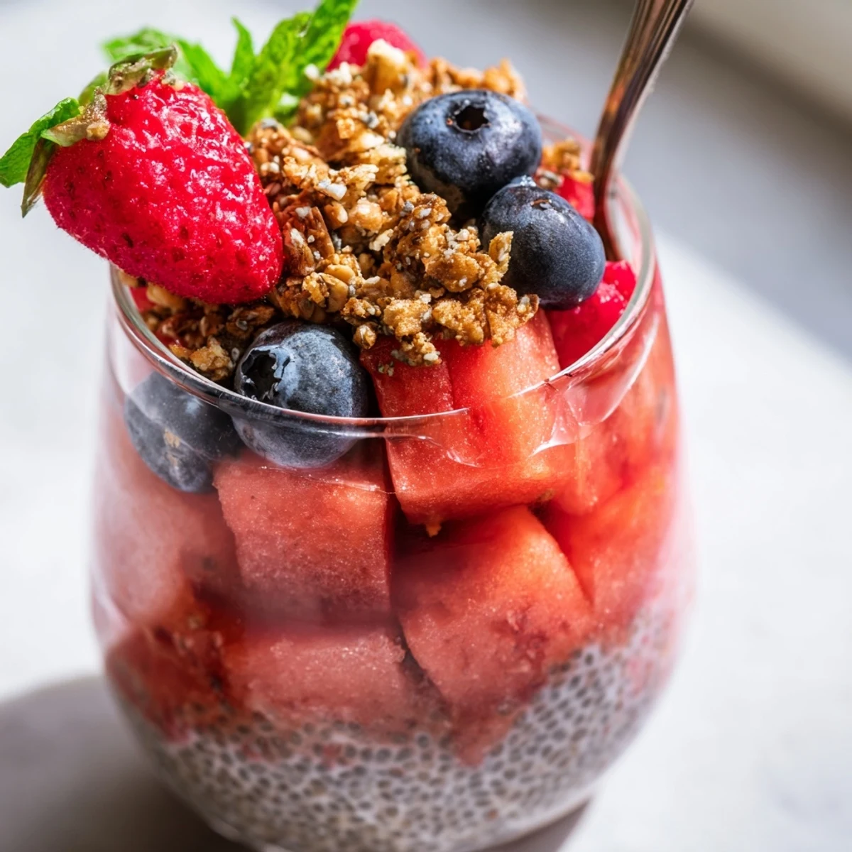 Layered Watermelon Chia Parfait with creamy pudding, juicy cubes, mint garnish