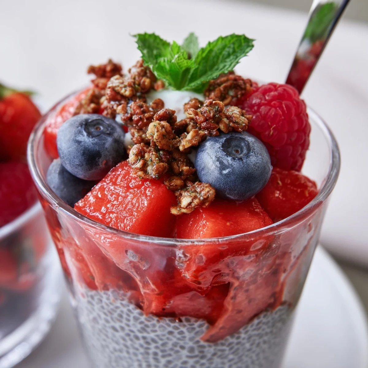 Bright Watermelon Chia Parfait served chilled, layered with berries and mint