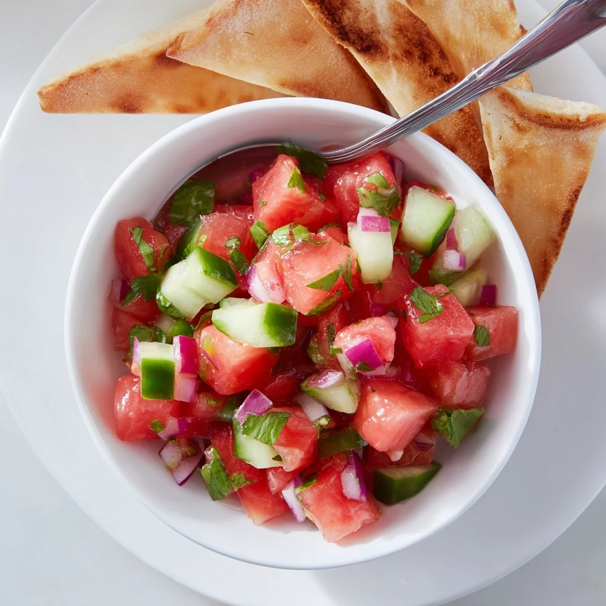 Chilled Watermelon Salsa With Cinnamon Tortilla Chips served with zesty lime and cilantro