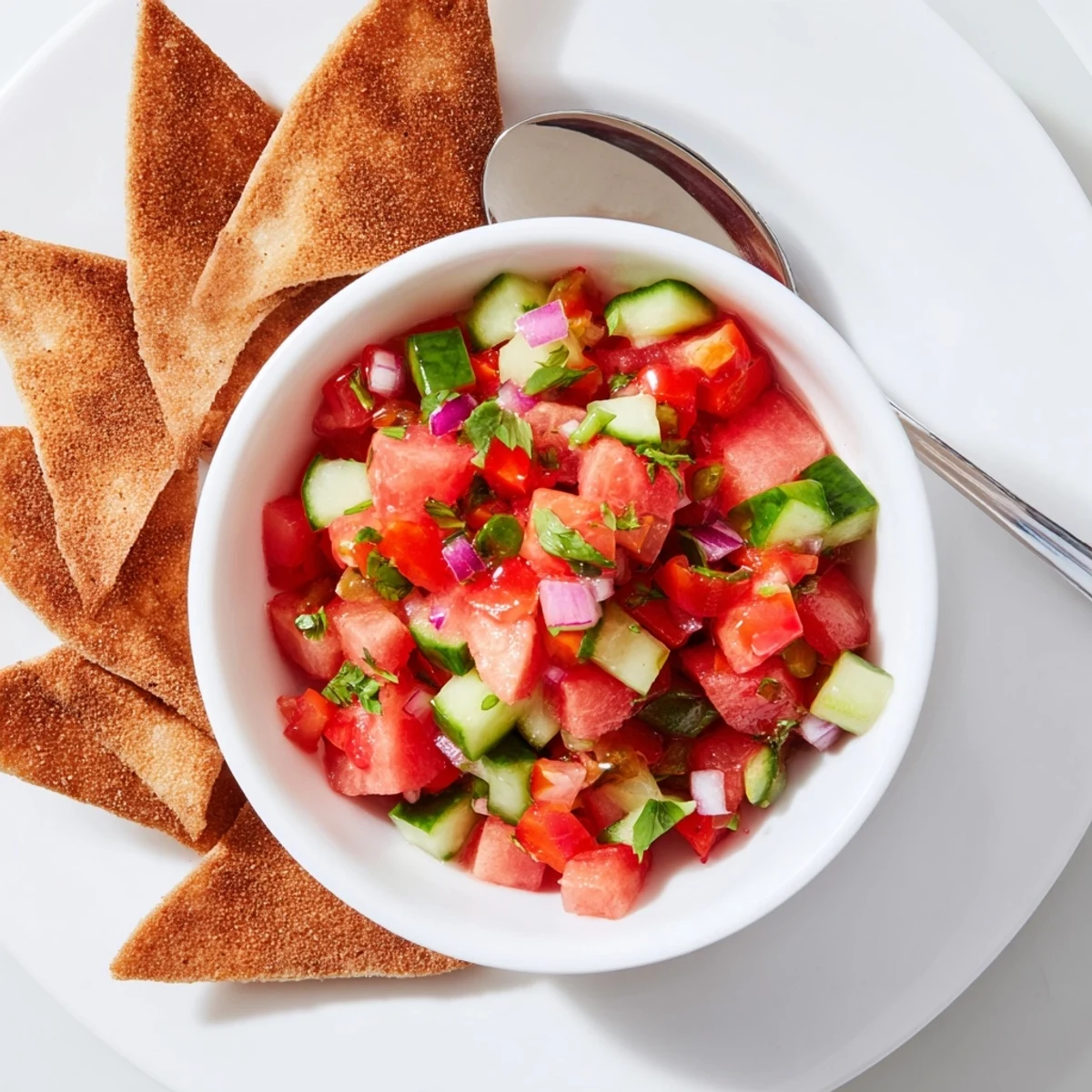 Watermelon Salsa With Cinnamon Tortilla Chips for summer parties, sweet-spicy with crisp wedges