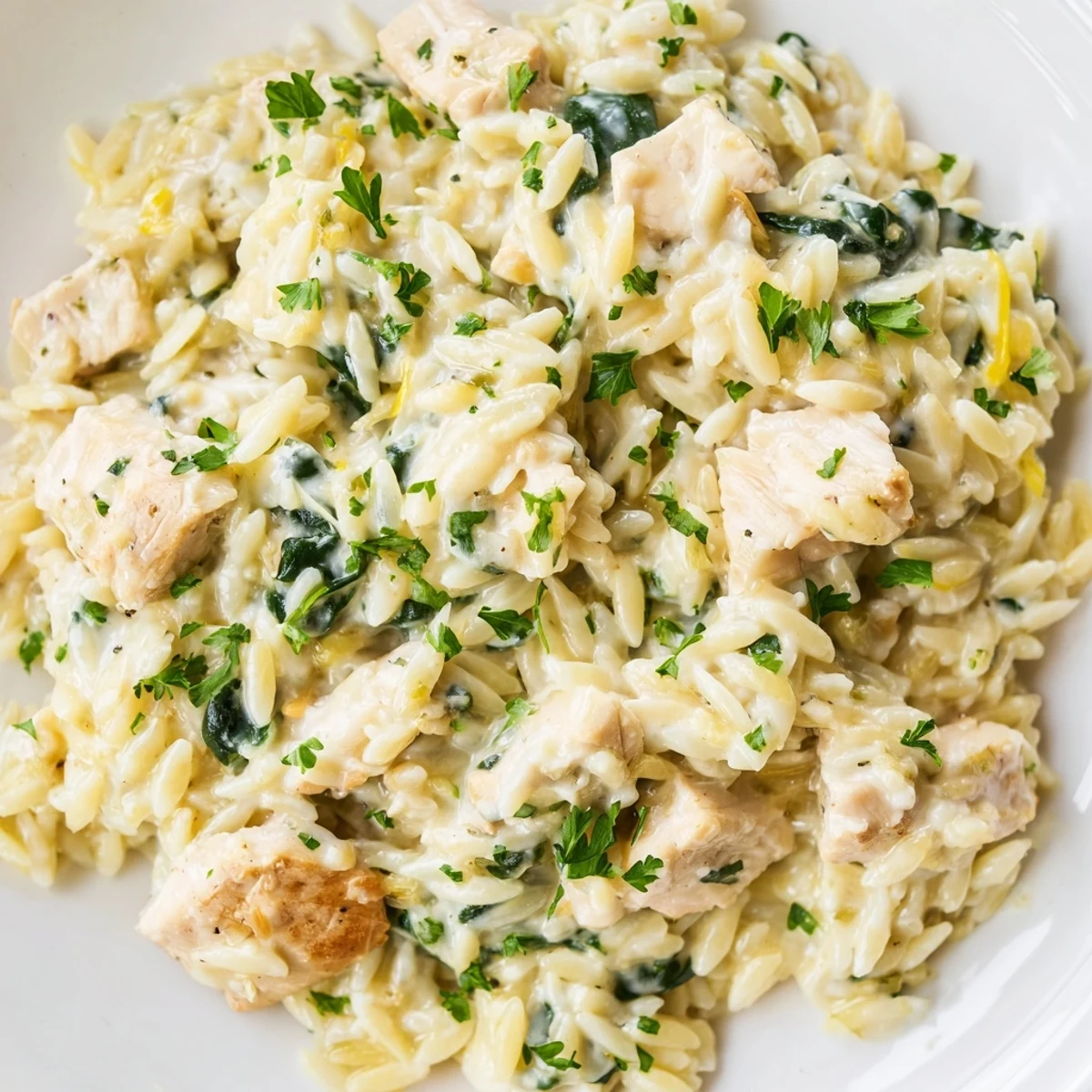 Golden chicken cubes mixed with tender orzo pasta in a rich garlic butter sauce with spicy Pepper Jack cheese