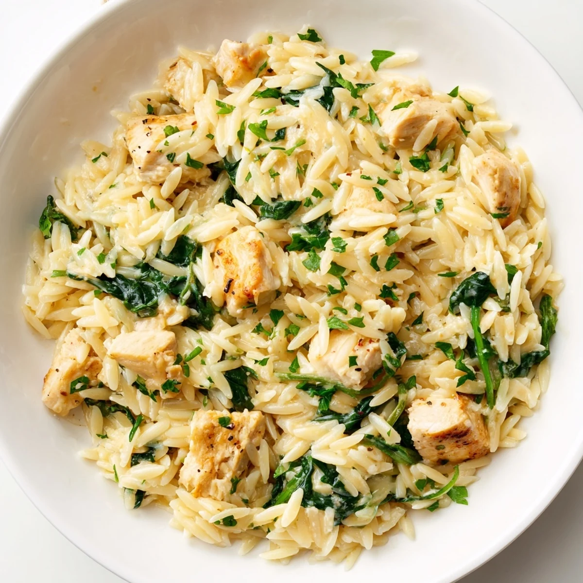 Creamy garlic butter Pepper Jack chicken orzo topped with melted cheese and fresh wilted spinach in a rustic skillet