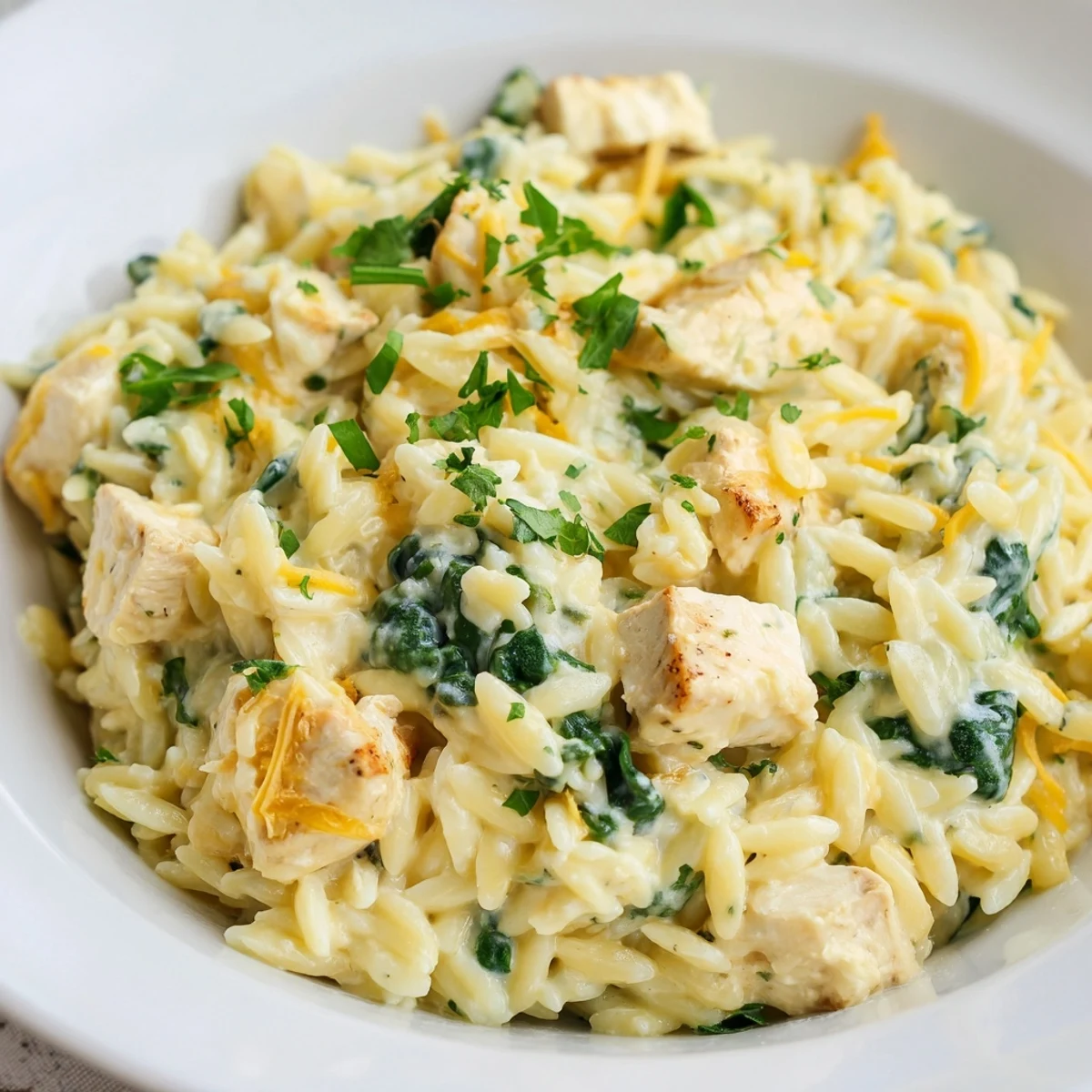 One-pan chicken orzo dish featuring creamy garlic butter sauce, vibrant spinach, and shredded Pepper Jack cheese melting throughout