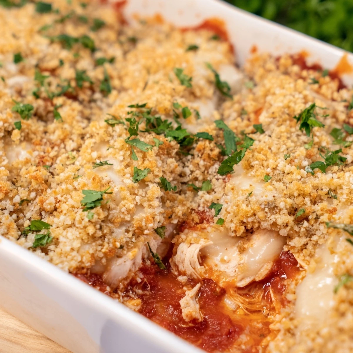 Bubbling Chicken Parmesan Casserole fresh from oven with crispy buttery panko breadcrumb crust