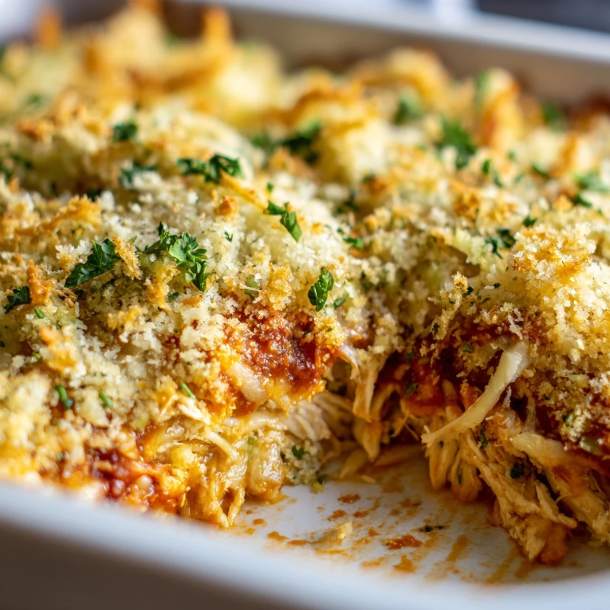 Golden Chicken Parmesan Casserole with bubbling marinara sauce and melted mozzarella cheese topping