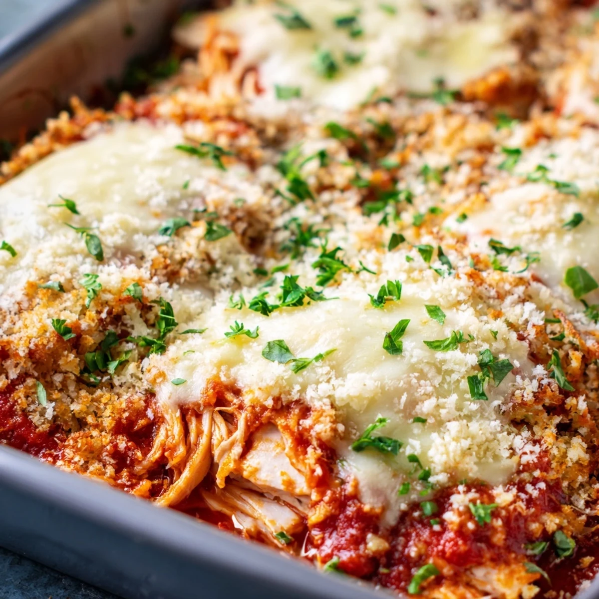 Chicken Parmesan Casserole in white baking dish showcasing gooey cheese layers and golden brown topping