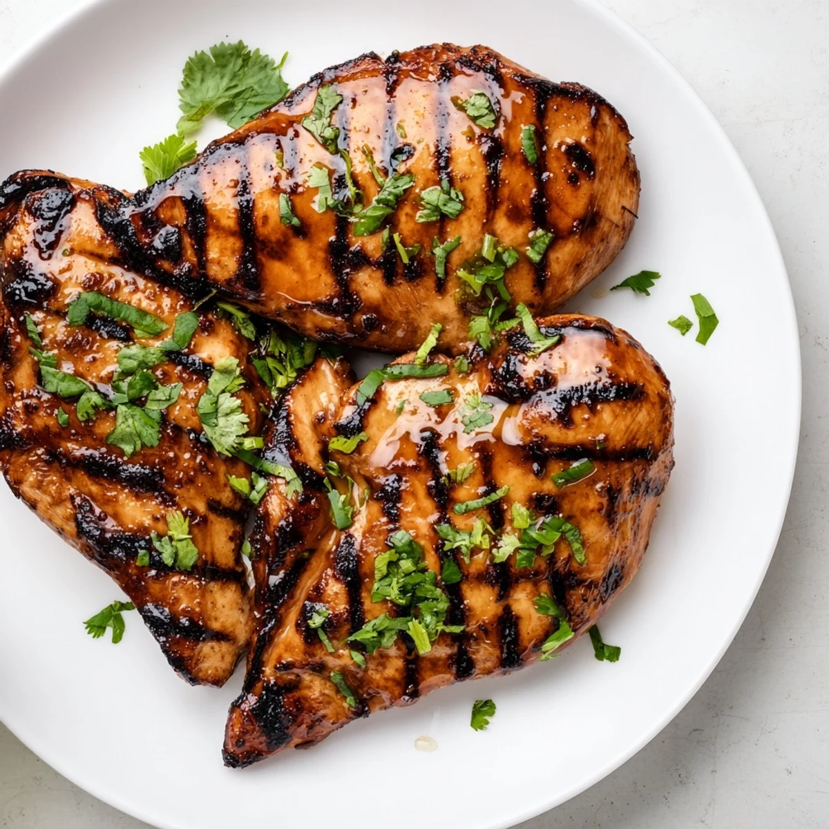 Golden Key West grilled chicken with zesty lime honey glaze and fresh cilantro garnish on a white plate