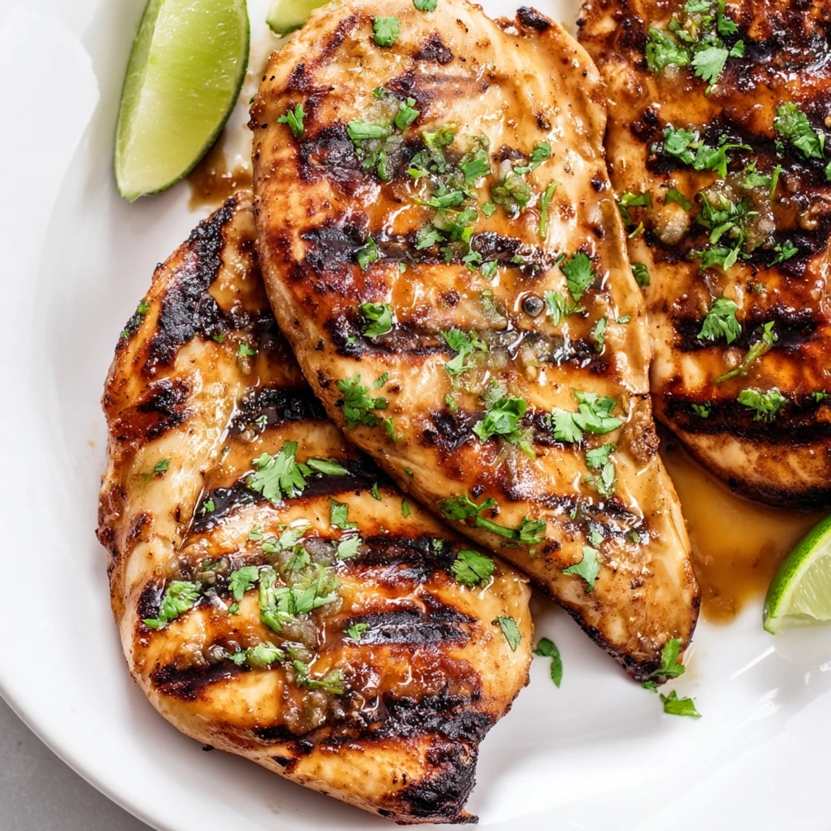Juicy tropical chicken breasts grilled to perfection with charred grill marks and tangy citrus marinade glistening