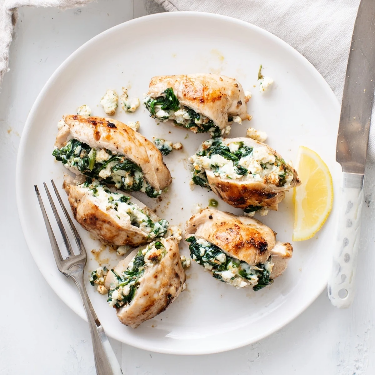 Mediterranean baked chicken breasts oozing creamy spinach and feta cheese on a white plate