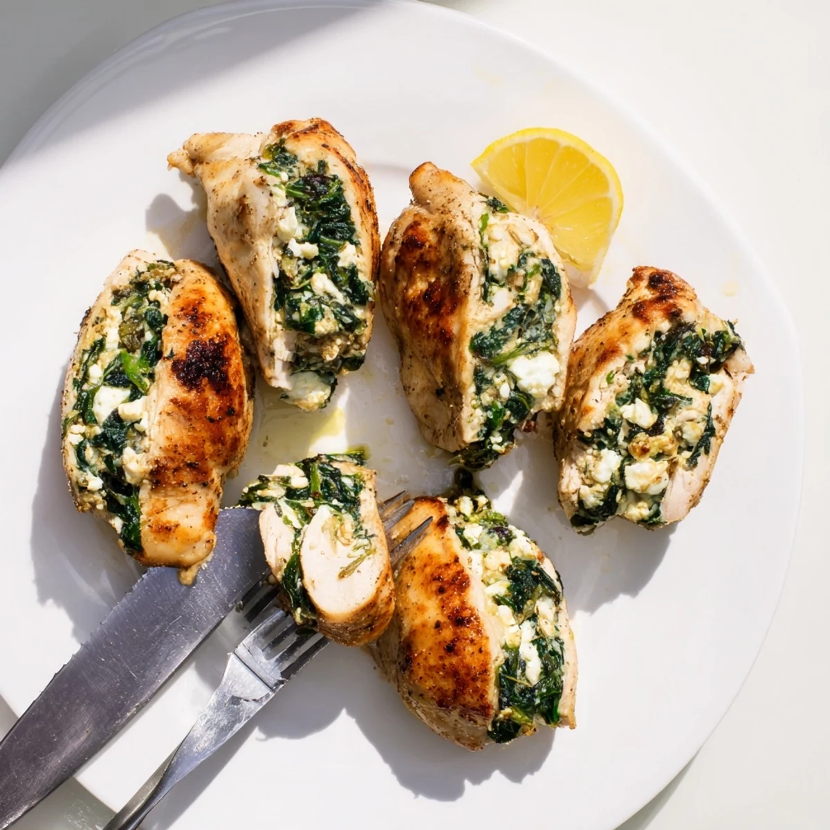 Golden stuffed chicken breast with feta and spinach filling, garnished with fresh lemon wedges
