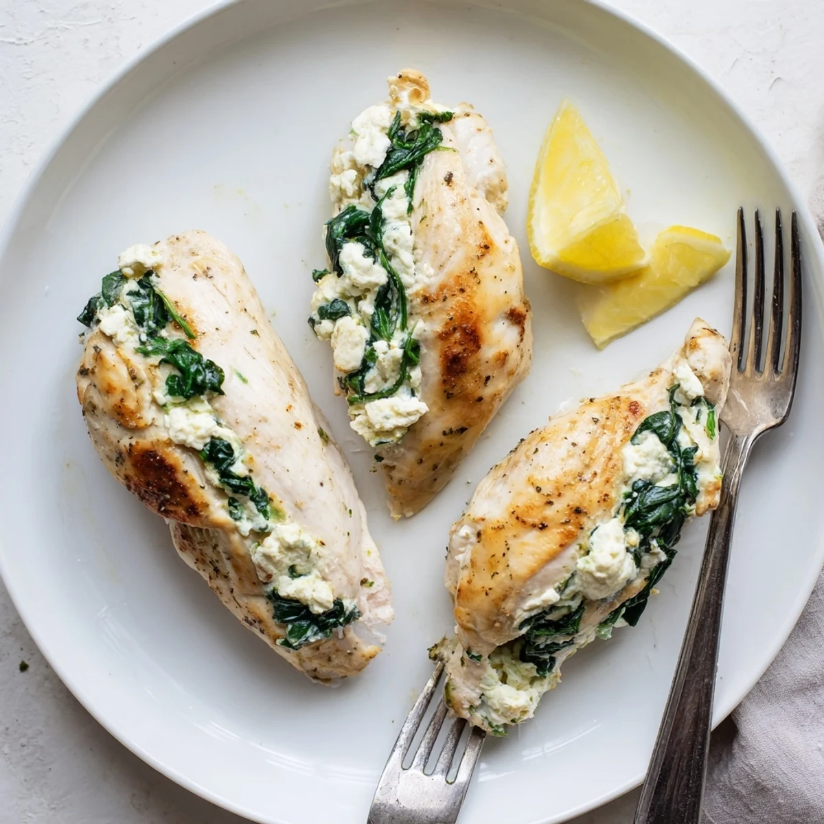 Juicy oven-roasted chicken stuffed with tangy feta and wilted spinach, served with lemon