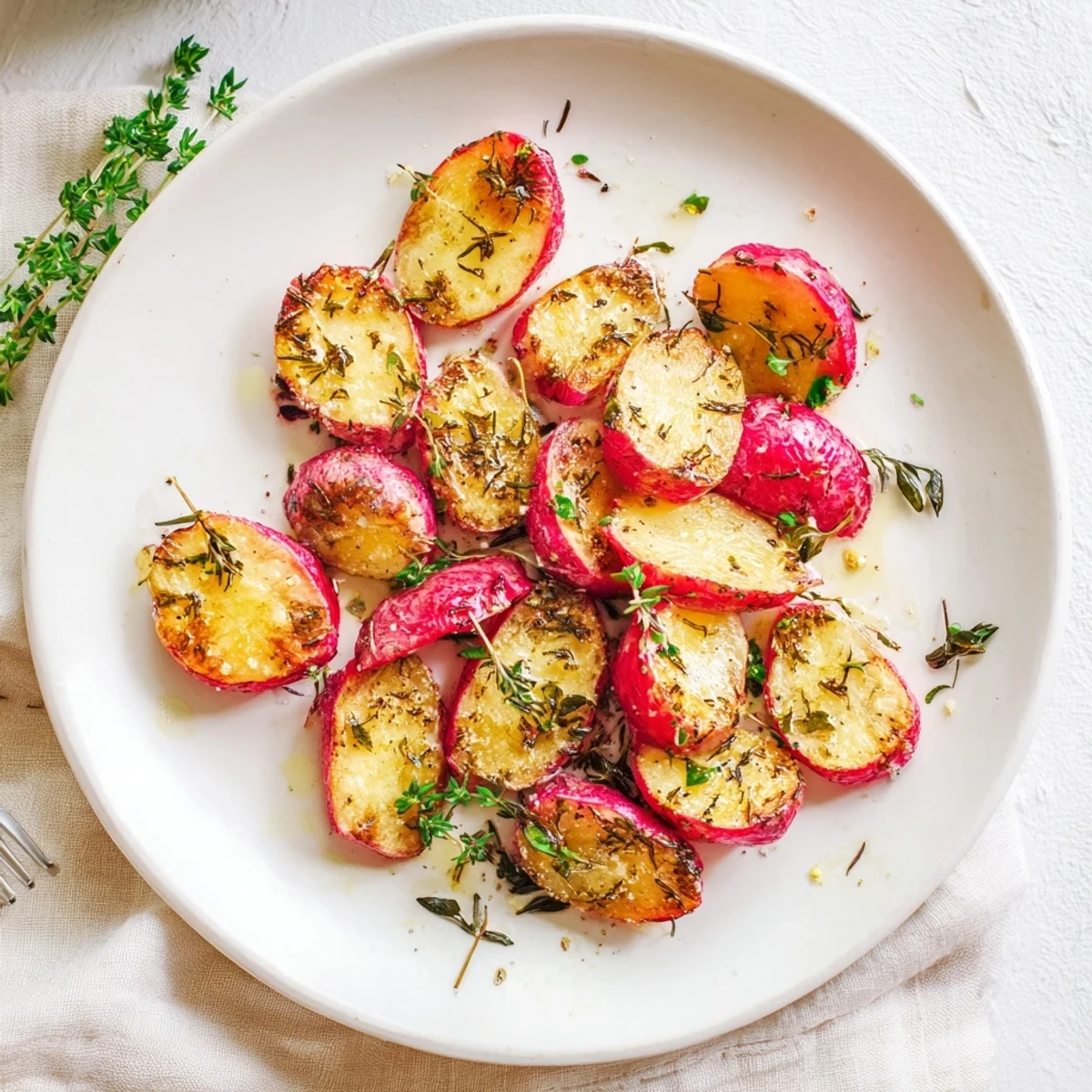 Golden brown roasted radishes scattered on a white serving platter with fresh green parsley garnish