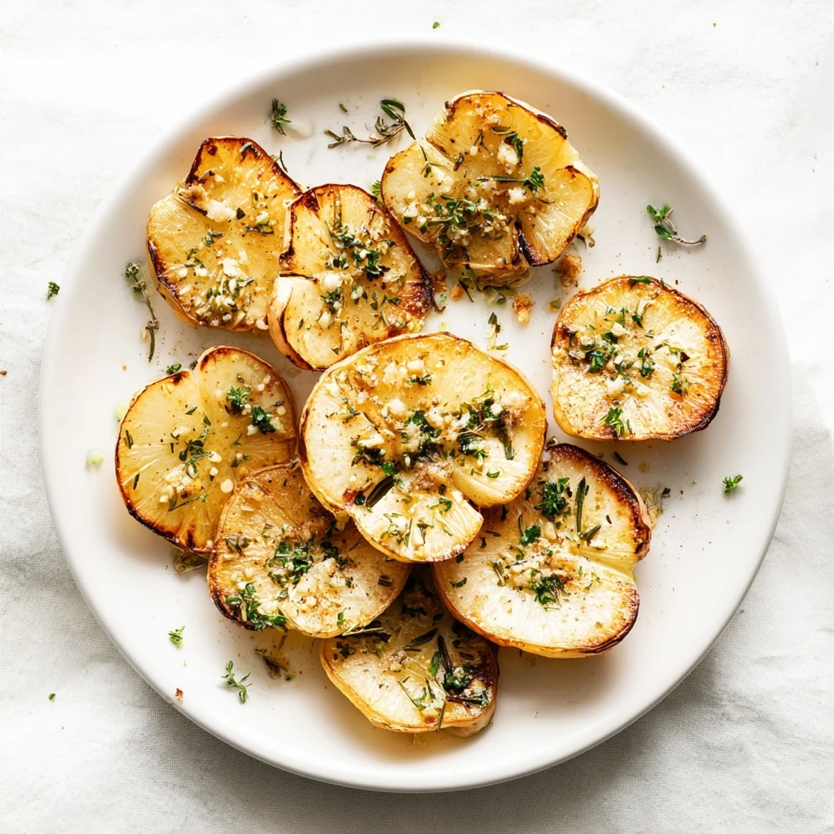 Tender halved radishes glistening with olive oil and garlic herbs on a parchment-lined baking sheet