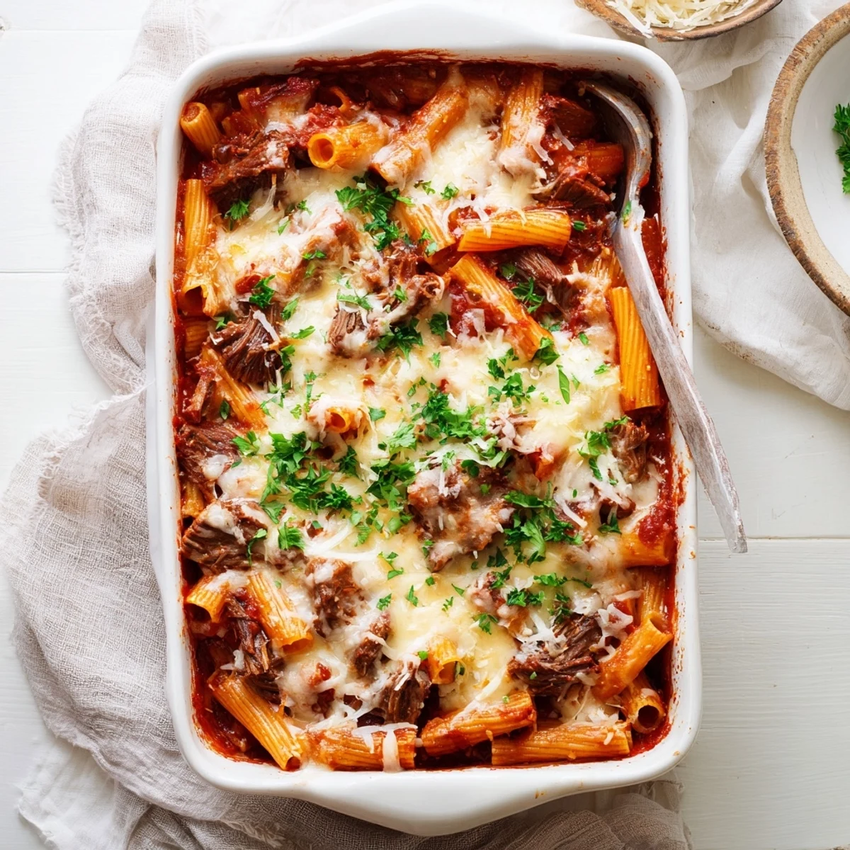 Hearty rigatoni casserole featuring tender slow-cooked beef in savory red tomato sauce layers