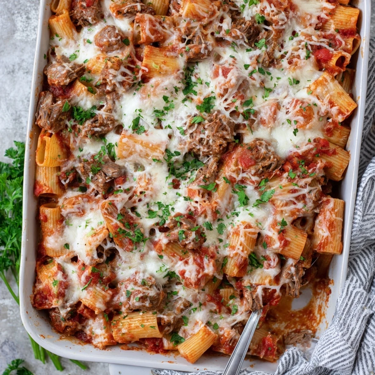 Golden bubbling chuck roast pasta bake with melted mozzarella over rich tomato sauce