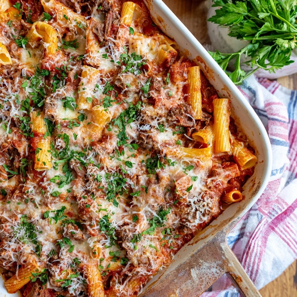 Family-style chuck roast pasta bake topped with golden Parmesan and fresh parsley garnish