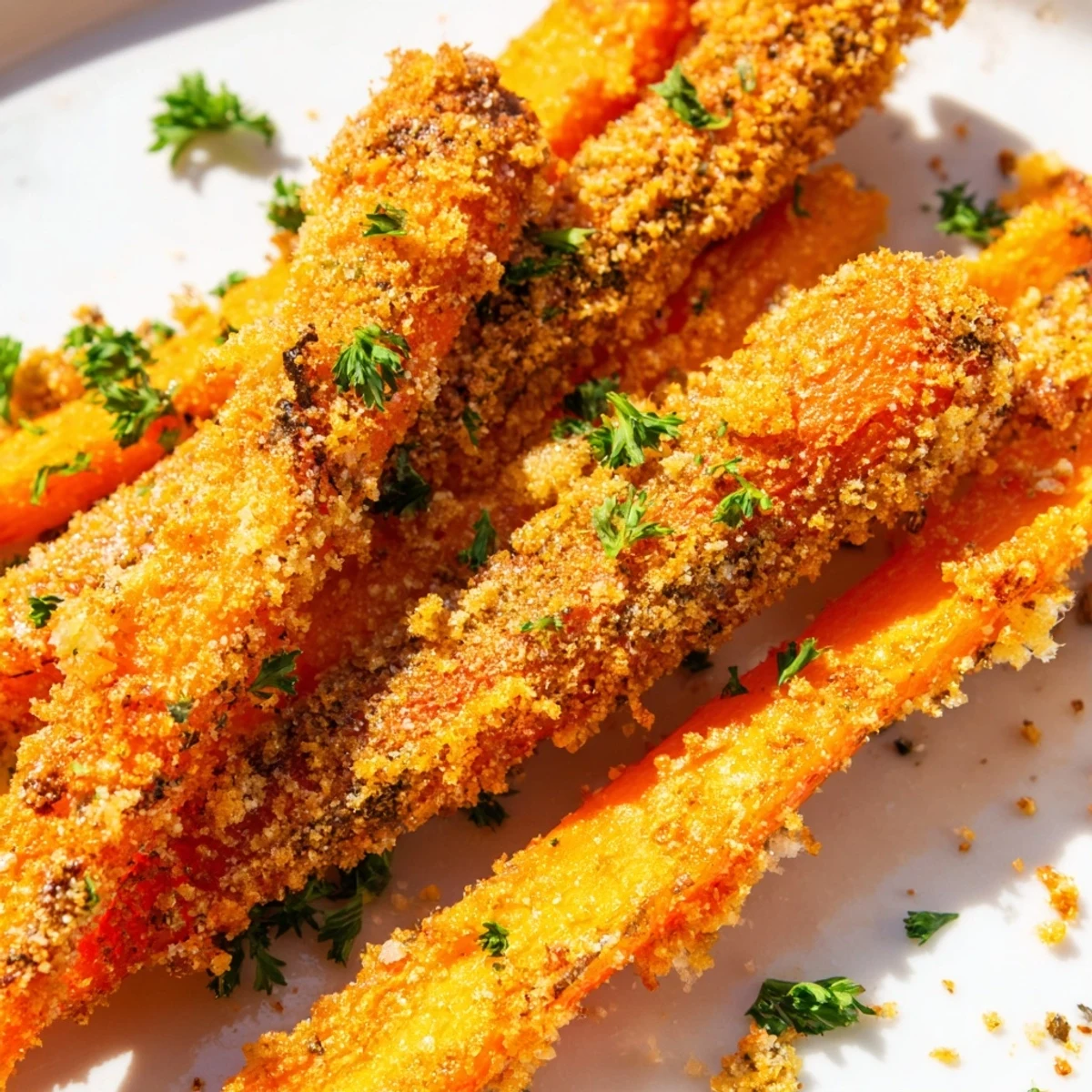 Golden roasted parmesan carrots arranged on white platter with crispy cheese coating