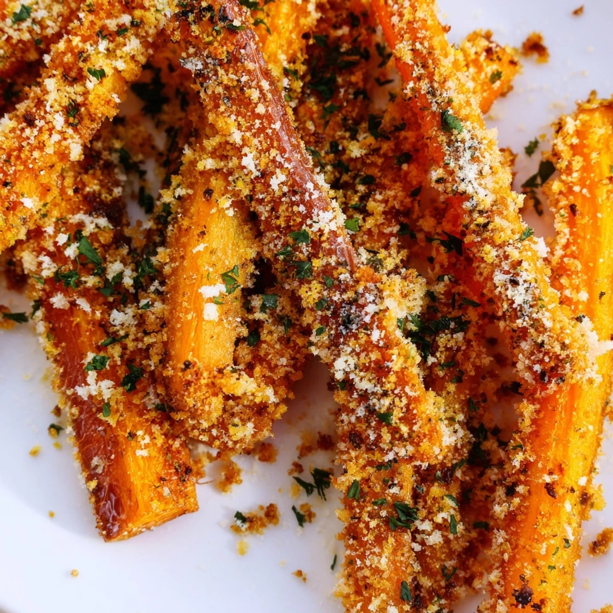 Oven roasted parmesan carrots on rustic wooden board with fresh parsley garnish
