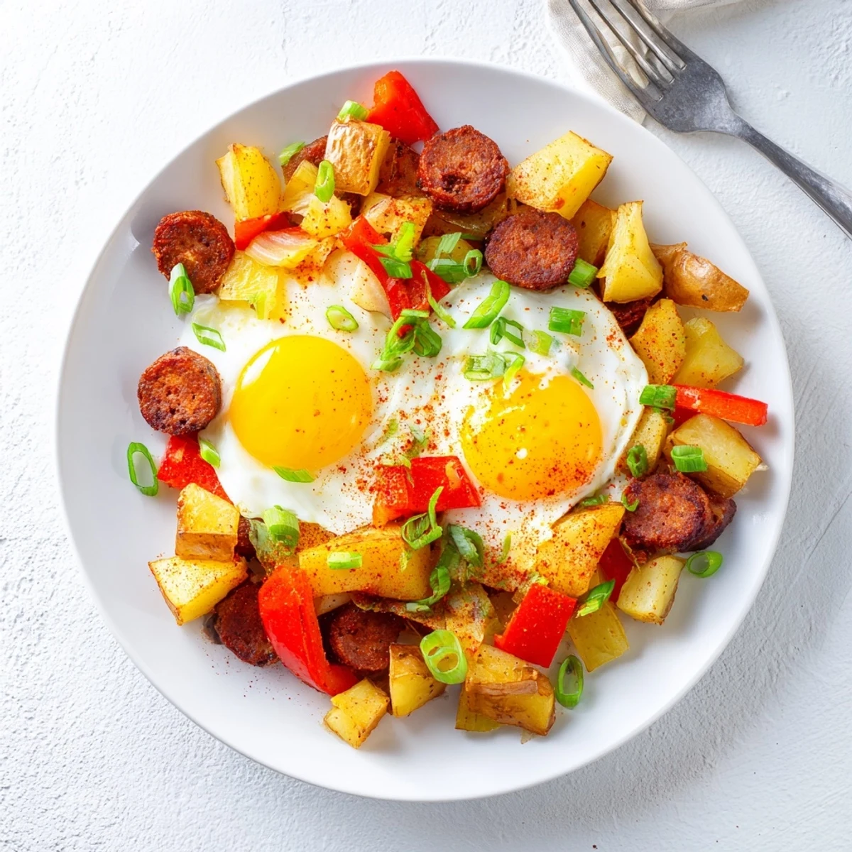 Golden skillet of Cajun beef sausage breakfast hash with crispy potatoes and runny sunny-side up eggs