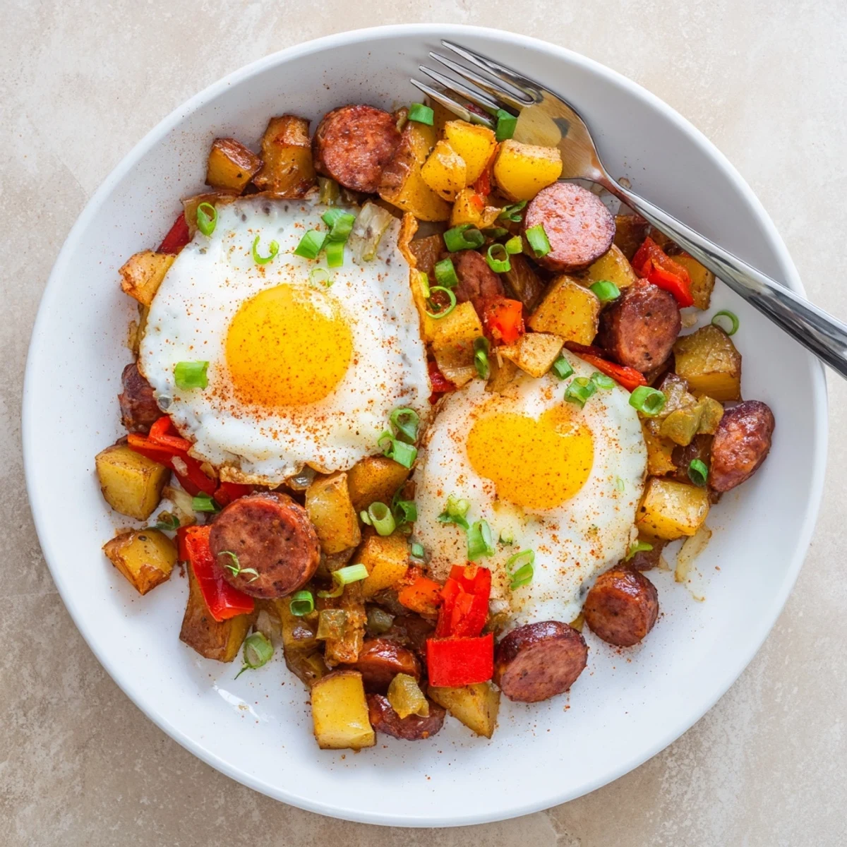 Hearty southern breakfast featuring spicy Cajun beef sausage, diced vegetables, fried eggs, and tender golden potatoes