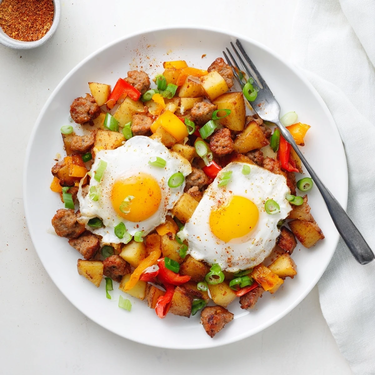 One-pan Cajun beef sausage breakfast hash topped with perfectly cooked eggs and garnished with fresh green onions