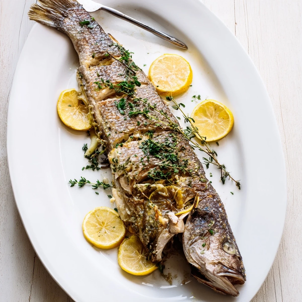 Mediterranean style whole fish featuring beautifully browned crispy skin, aromatic herbs, and bright citrus slices for a stunning presentation