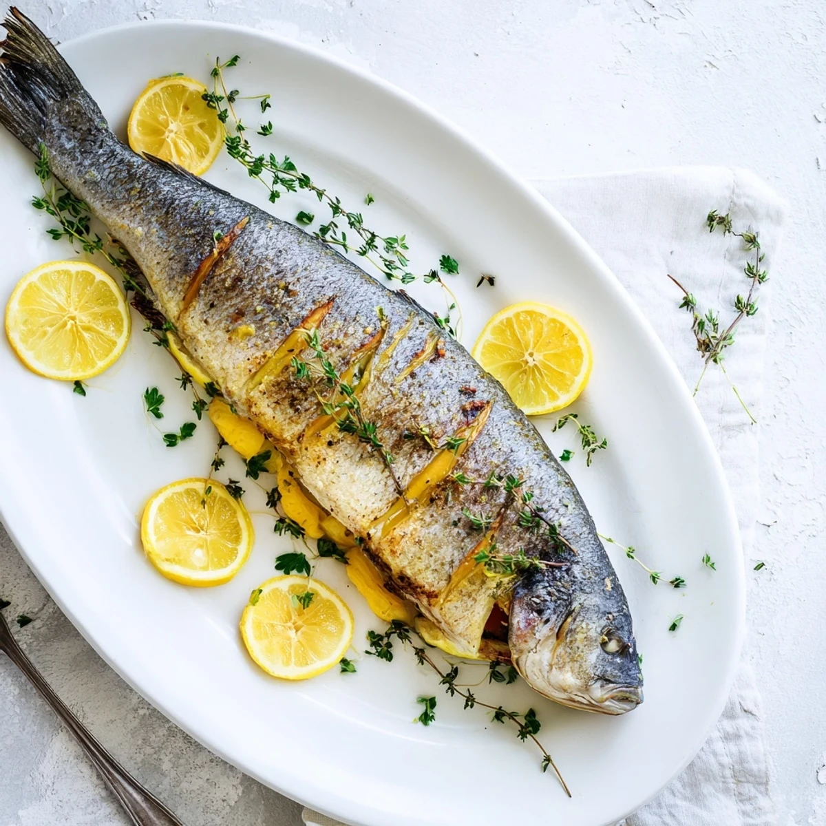 Golden whole roasted fish with crispy skin garnished with fresh parsley and lemon wedges on a white serving platter