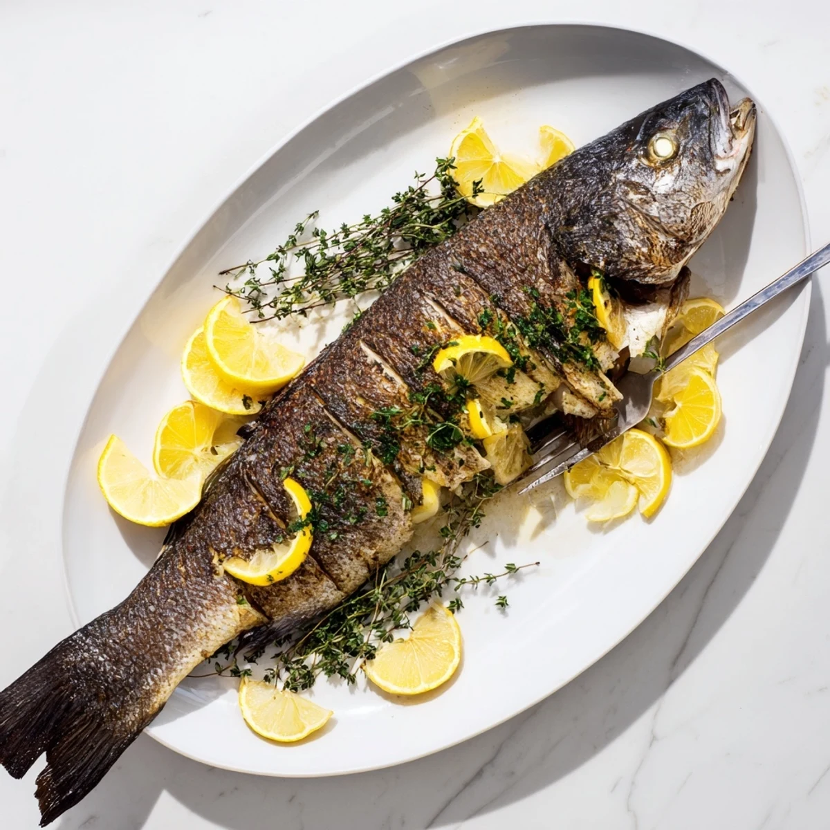 Whole roasted fish displaying perfectly crisp golden skin, tender flaky flesh, and fresh herb garnish for an elegant dinner centerpiece