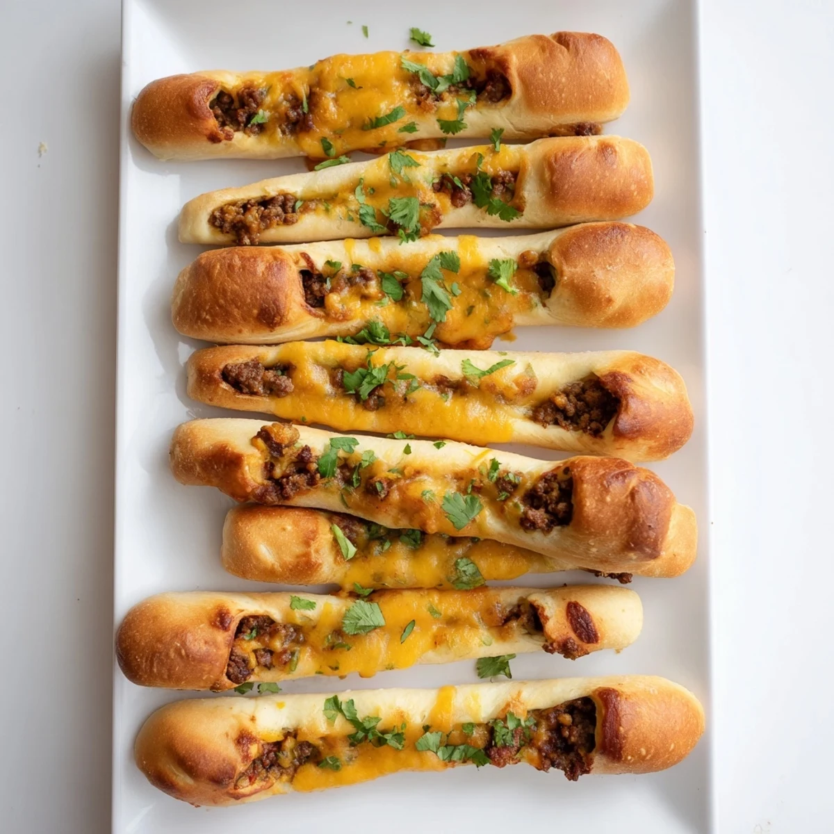 Soft breadsticks stuffed with spiced taco meat and gooey mozzarella, brushed with butter and sprinkled with fresh herbs