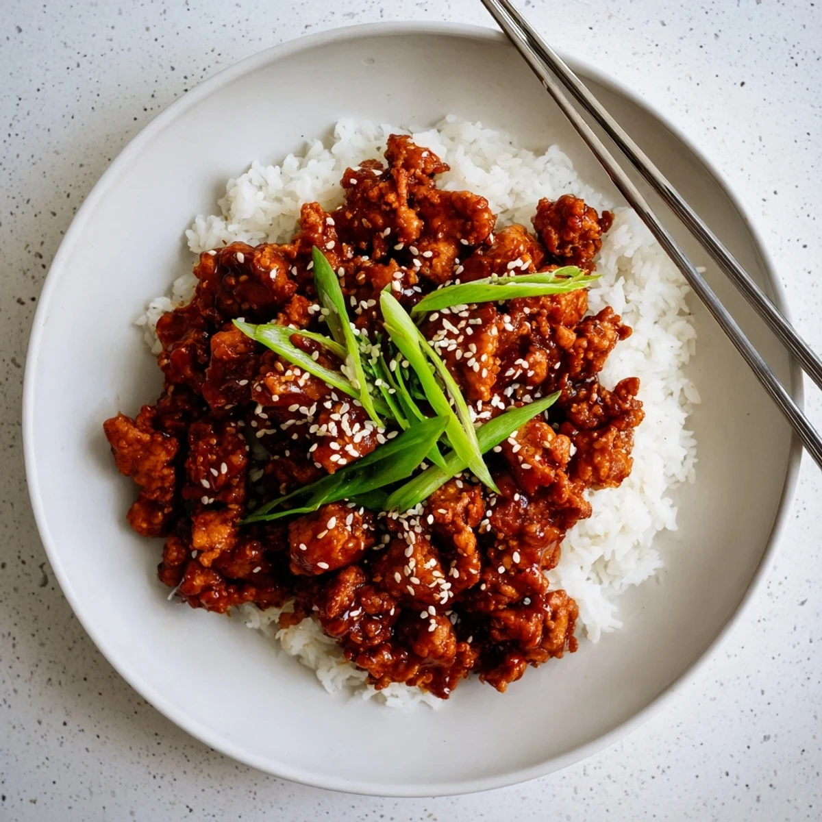 Golden brown Ground Tsos Chicken coated in glossy sweet and tangy sauce with sesame seeds