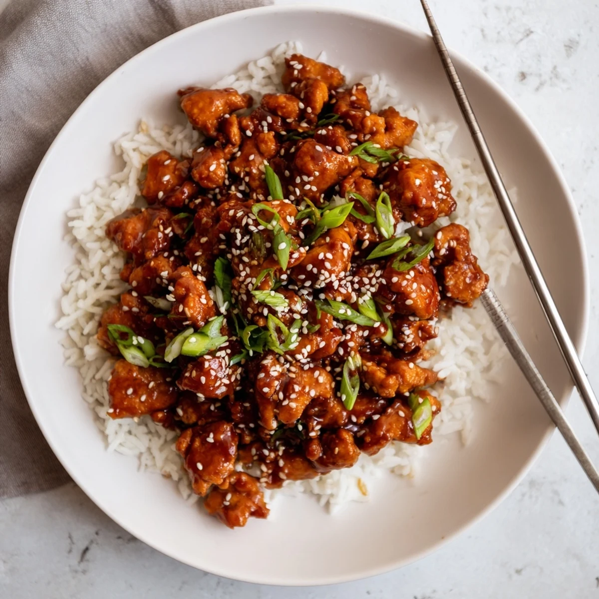 Plate of Ground Tsos Chicken over steamed rice garnished with fresh sliced green onions