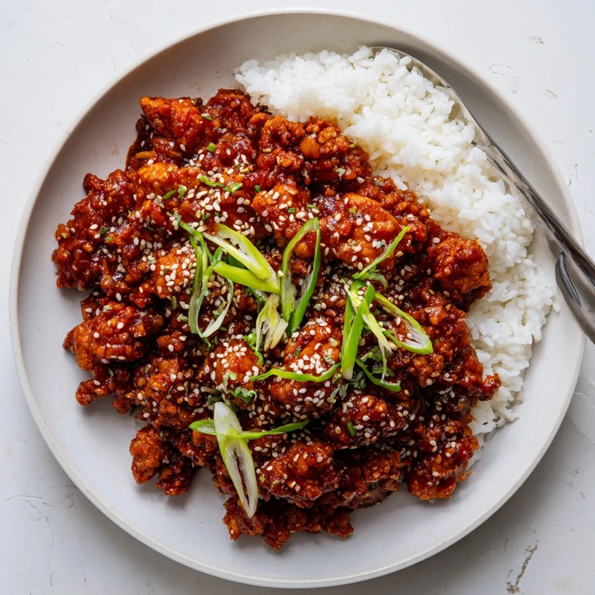 Savory Ground Tsos Chicken stir-fried with ginger and garlic in a rich reddish brown glaze