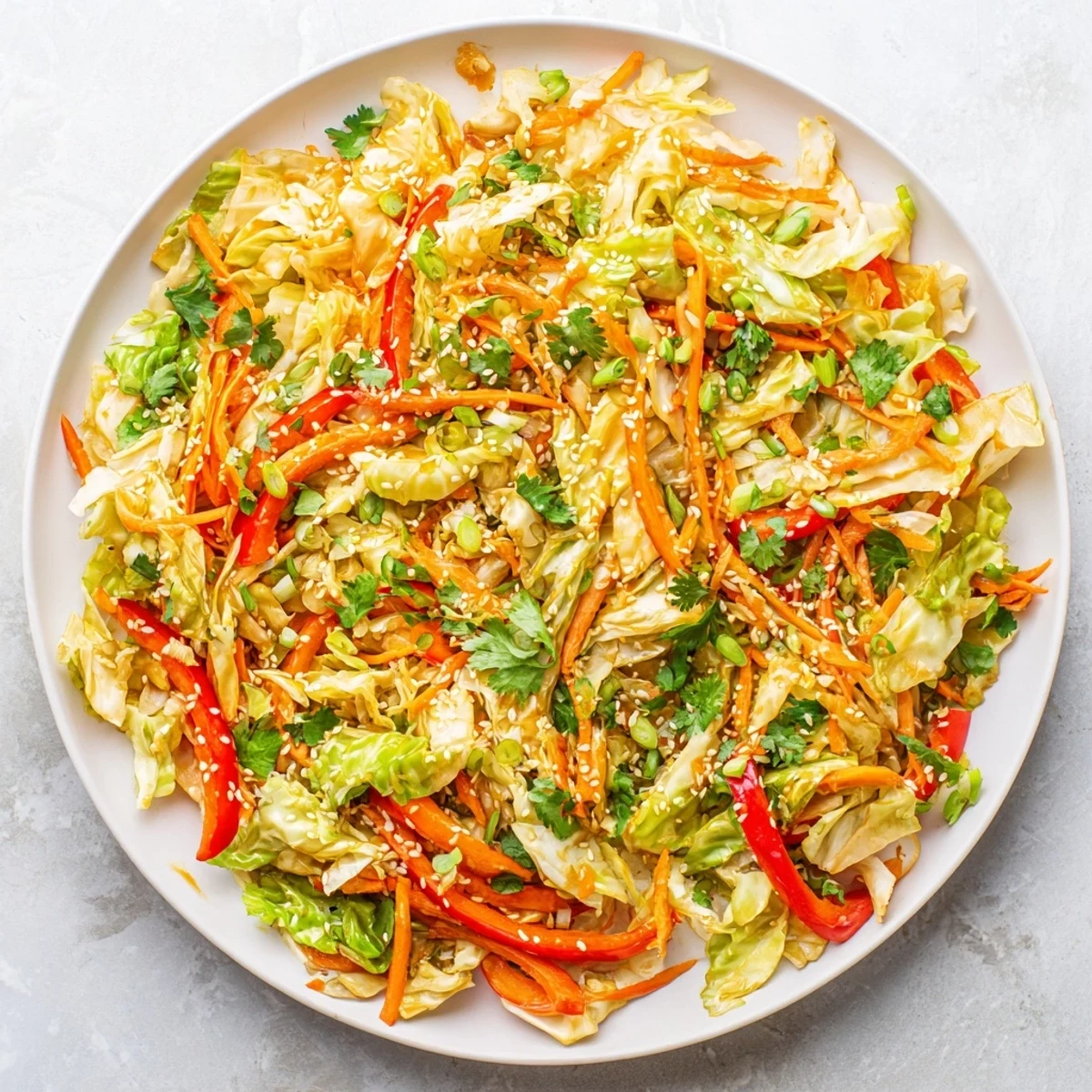Vibrant Asian-style cabbage stir fry served in white bowl with fresh green onion garnish