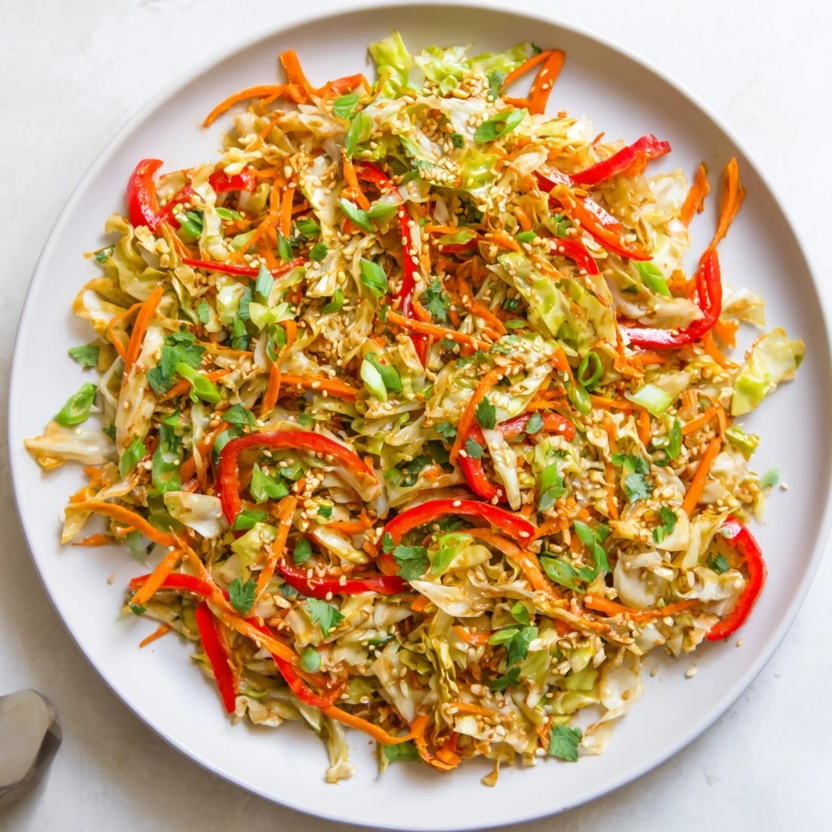 Savory cabbage stir fry recipe with julienne carrots and red bell pepper in sesame soy glaze