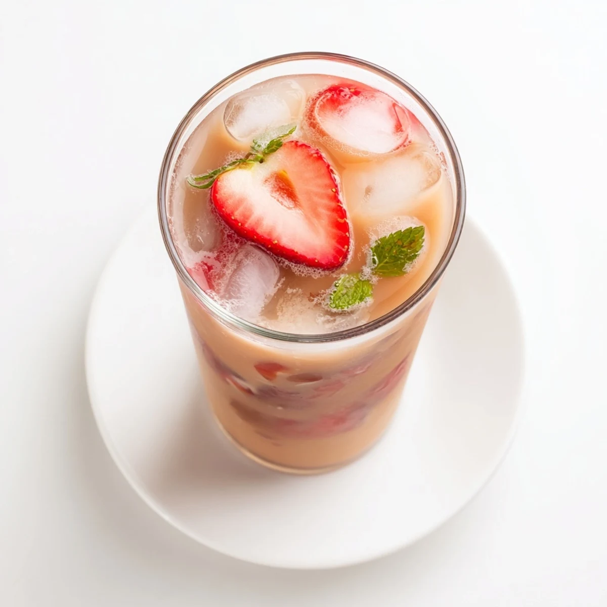 Fragrant Earl Grey tea latte swirled with homemade strawberry syrup over ice cubes