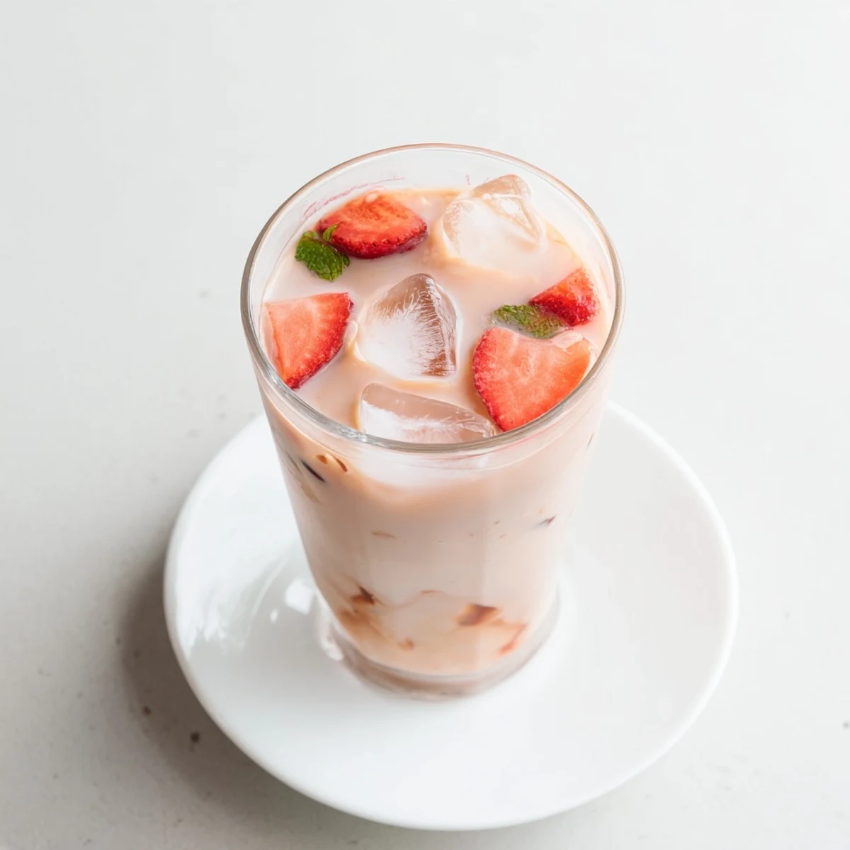 Creamy Strawberry Earl Grey milk tea with fresh strawberry slices and mint garnish in glass