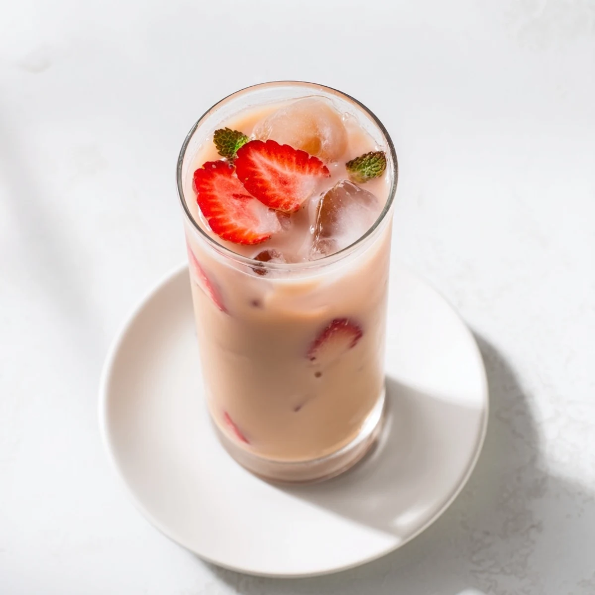 Pink Strawberry Earl Grey milk tea topped with fresh berries and mint sprigs