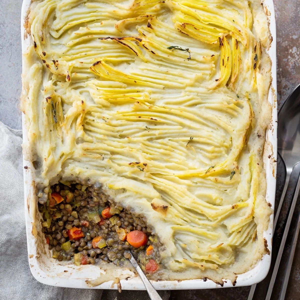 Golden vegan French onion shepherd's pie with fluffy mashed potato topping and caramelized onion layers