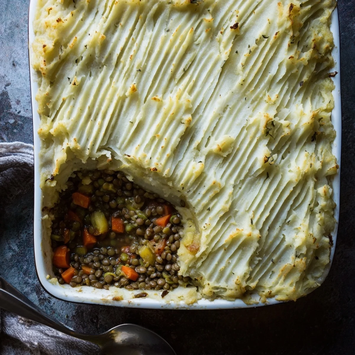 Hearty plant-based French onion shepherd's pie baked to golden perfection with forked potato crust